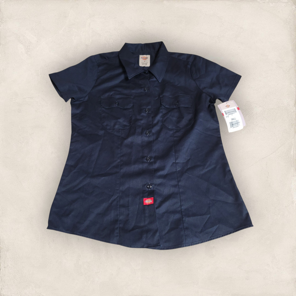 Dickies Women's Navy Blue Short Sleeve Work Shirt Button Front Size Small